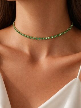 Vintage Gold Green Rhinestone Collar Necklace Chocker
